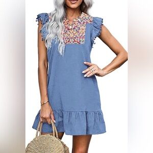 Blue Ruffled Sundress with Embellished Crew Neck